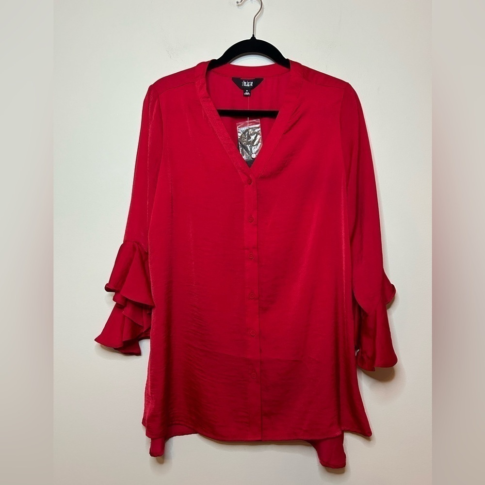 Red Ruffle Sleeve Blouse - Picture 1 of 6